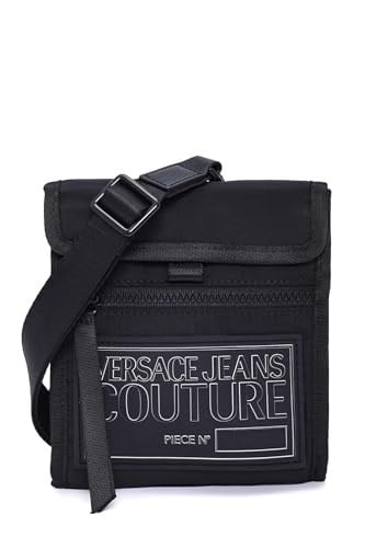 VERSACE JEANS COUTURE Erkekler için Siyah Technicolor Kumaş İmza Crossbody Çanta, Siyah, 8.5x7.5x1