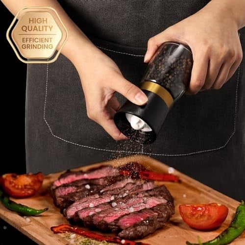 VEVOK CHEF Altın tuz ve karabiber değirmeni seti paslanmaz çelik tuz ve karabiber değirmeni seti seramik ayarlanabilir kaba baharat değirmeni doldurulabilir deniz tuzluk ev mutfak dekor