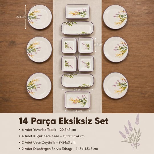 Vienev 14 Parça 6 Kişilik Lavanta Desen Seramik Kahvaltı Takım Seti