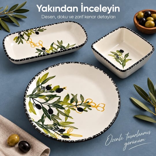 Vienev 14 Parça 6 Kişilik Zeytin Model Seramik Kahvaltı Takımı 6 Pasta Tabağı 4 Kare Kase 2 Dikdörtgen Kase 2 Oval Zeytinlik