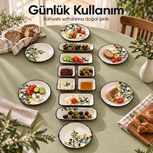 Vienev 14 Parça 6 Kişilik Zeytin Model Seramik Kahvaltı Takımı 6 Pasta Tabağı 4 Kare Kase 2 Dikdörtgen Kase 2 Oval Zeytinlik
