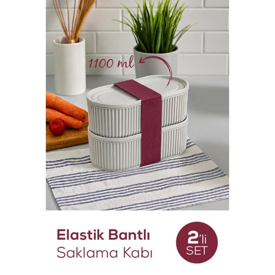 Vienev 2li Elastik Bantlı İstiflenebilir Pratik Saklama Kabı Seti 2x 1100 Ml Gri