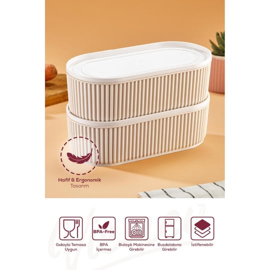 Vienev 2li Elastik Bantlı İstiflenebilir Pratik Saklama Kabı Seti 2x(1100 Ml) Bej