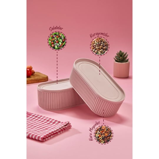Vienev 2li Elastik Bantlı İstiflenebilir Pratik Saklama Kabı Seti 2x(1100 Ml) Pembe