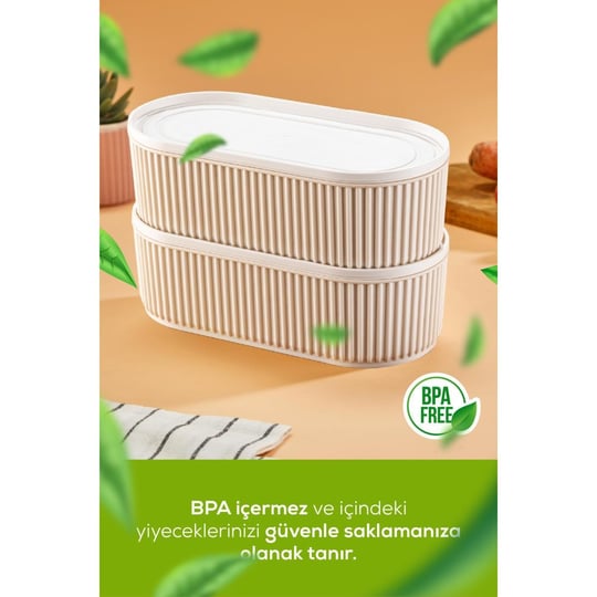 Vienev 2li Elastik Bantlı İstiflenebilir Pratik Saklama Kabı Seti 2x(1100 Ml) Bej
