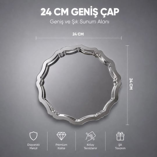 Vienev 2li Metal Sunum Tabağı Seti 24 Cm - Çiçek Dekor Sunum Tepsi