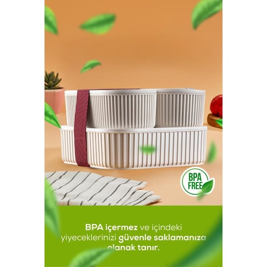 Vienev 3lü Elastik Bantlı İstiflenebilir Pratik Saklama Kabı Seti 2x 1100 Ml 1x 2600 Ml Bej
