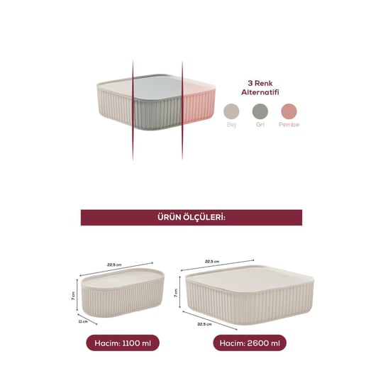 Vienev 3lü Elastik Bantlı İstiflenebilir Pratik Saklama Kabı Seti 2x 1100 Ml 1x 2600 Ml Bej