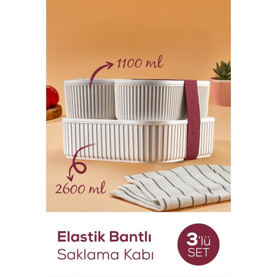 Vienev 3lü Elastik Bantlı İstiflenebilir Pratik Saklama Kabı Seti 2x 1100 Ml 1x 2600 Ml Bej