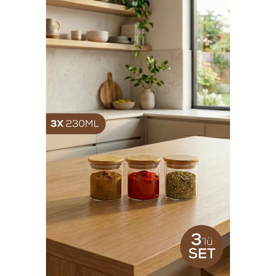 Vienev 3lü Set Bambu Kapaklı Cam Kavanoz 230 Ml - Erzak Düzenleyici Saklama Kabı (6,5x8cm)