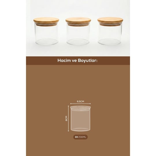 Vienev 3lü Set Bambu Kapaklı Cam Kavanoz 230 Ml - Erzak Düzenleyici Saklama Kabı (6,5x8cm)