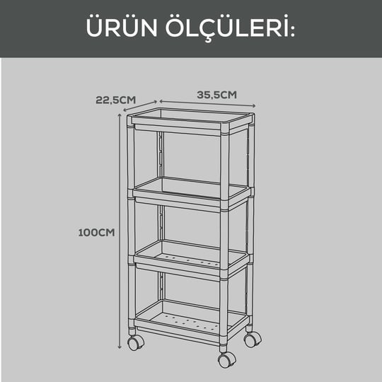 Vienev 4 Katlı Tekerlekli Çok Amaçlı Mutfak Ve Banyo Rafı Siyah