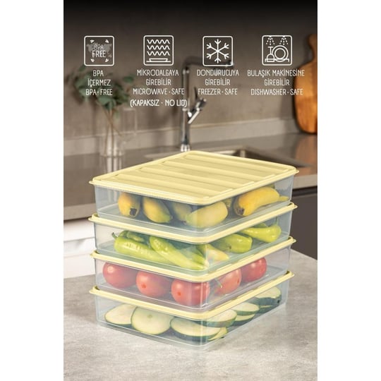 Vienev 4lü 3,5 Litre Buzdolabı Dondurucu Organizer Mikrodalga Ve Difrize Uygun Saklama Kabı Sarı