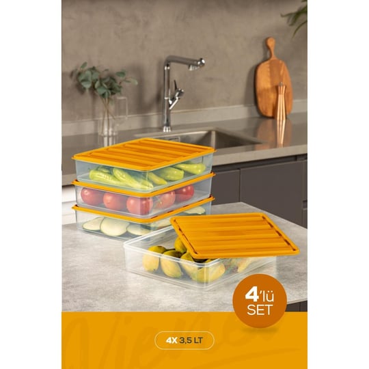 Vienev 4lü 3,5 Litre Buzdolabı Dondurucu Organizer Mikrodalga Ve Difrize Uygun Saklama Kabı Turuncu