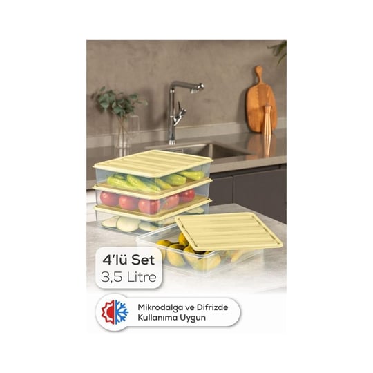 Vienev 4lü 3,5 Litre Buzdolabı Dondurucu Organizer Mikrodalga Ve Difrize Uygun Saklama Kabı Sarı