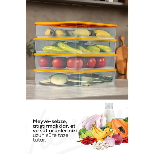 Vienev 4lü 3,5 Litre Buzdolabı Dondurucu Organizer Mikrodalga Ve Difrize Uygun Saklama Kabı Turuncu
