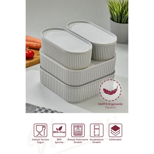 Vienev 4lü Elastik Bantlı İstiflenebilir Pratik Saklama Kabı Seti 2x 1100 Ml 2x 2600 Ml Gri