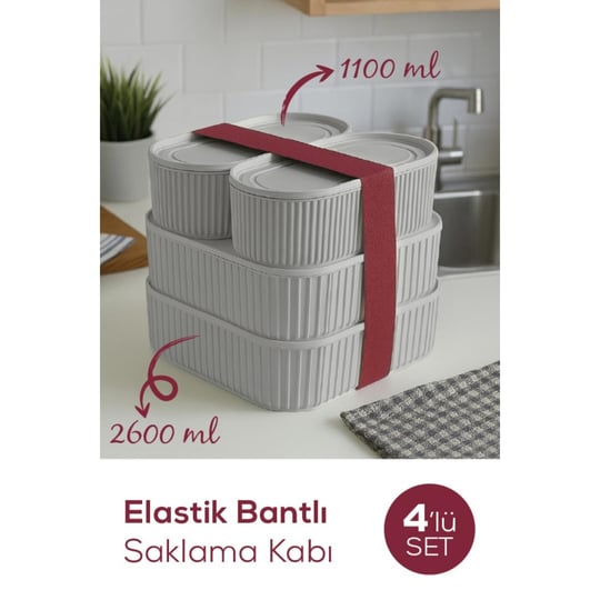 Vienev 4lü Elastik Bantlı İstiflenebilir Pratik Saklama Kabı Seti 2x 1100 Ml 2x 2600 Ml Gri