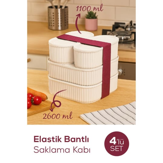 Vienev 4lü Elastik Bantlı İstiflenebilir Pratik Saklama Kabı Seti 2x(1100 Ml) 2x(2600 Ml) Bej