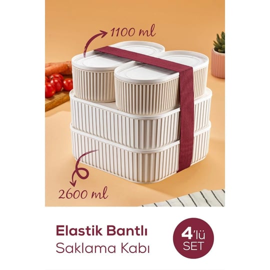 Vienev 4lü Elastik Bantlı İstiflenebilir Pratik Saklama Kabı Seti 2x(1100 Ml) 2x(2600 Ml) Bej