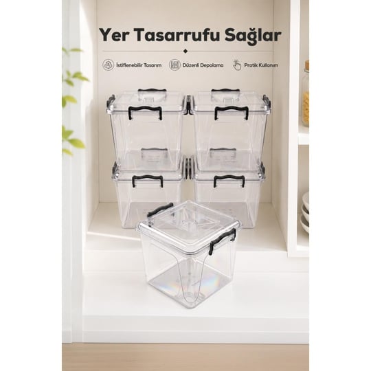 Vienev 8.5 Lt Şeffaf Plastik Erzak Saklama Kabı 5li Set - Kapaklı Kilitli Çok Amaçlı Düzenleyici