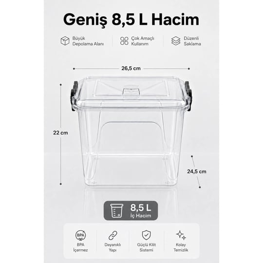 Vienev 8.5 Lt Şeffaf Plastik Erzak Saklama Kabı 5li Set - Kapaklı Kilitli Çok Amaçlı Düzenleyici
