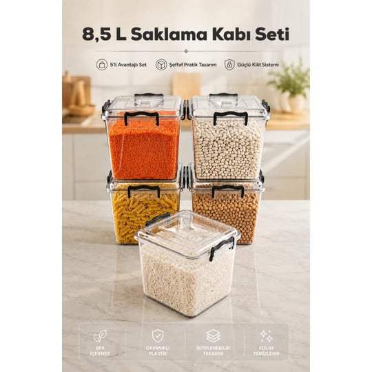 Vienev 8.5 Lt Şeffaf Plastik Erzak Saklama Kabı 5li Set - Kapaklı Kilitli Çok Amaçlı Düzenleyici