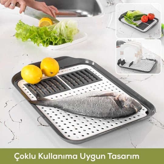 Vienev Çok Amaçlı Su Süzgeçli Kurutma Tepsisi | Sebze, Balık Ve Bulaşık İçin Pratik Kullanım Gri