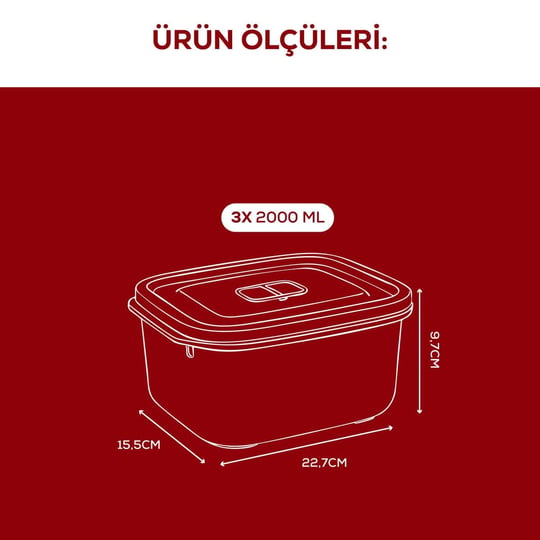 Vienev Kapaklı 3’lü Mikrodalgaya Uygun Dikdörtgen Saklama Kabı Seti - 2000 Ml