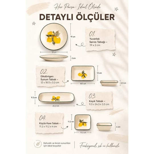 Vienev Limon Desenli Seramik Kahvaltı Takımı 14 Parça Ikram Sunum Tabak Seti