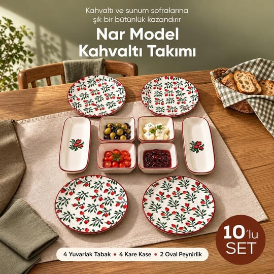Vienev Nar Model 10 Parça Seramik Kahvaltı Takımı - Sofra Servis Seti, 4 Yuvarlak Tabak, 4 Kare Kase, 2 Oval Peynirlik