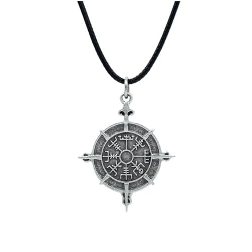 Viking Vegvisir Pusula Deri ip Kolye - Gümüş Kaplama - Kadın Erkek Kolye - No:937