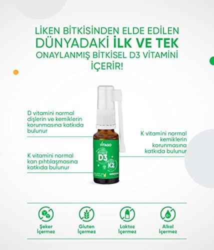 Vitago Vitamin D3 (1000 IU) + Vitamin K2 İçeren 20 ml Bitkisel Bazlı Sprey (1)