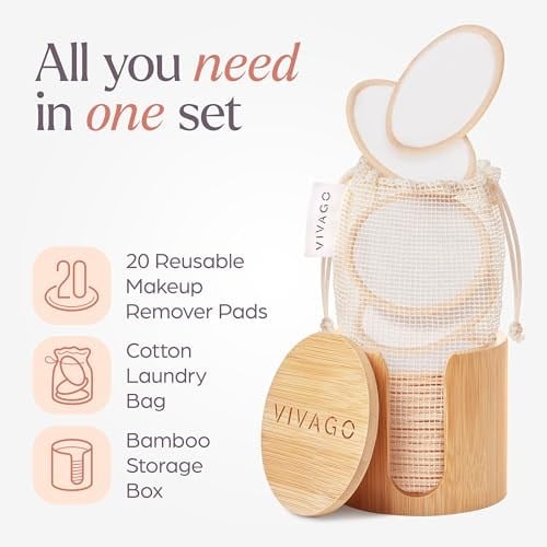 VIVAGO Tekrar Kullanılabilir Makyaj Temizleyici Pedler - (20li Paket) Yıkanabilir İpli Çamaşır Torbası ve Bambu Tutucu ile Yüz için Yumuşak Tekrar Kullanılabilir Pamuk Yuvarlaklar - Tüm Cilt Tipi Cil