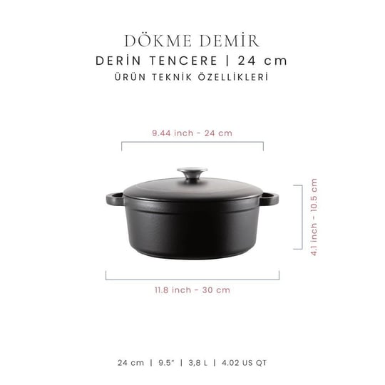 Voeux Kitchenware Elegance Siyah Derin Döküm Tencere 24 Cm