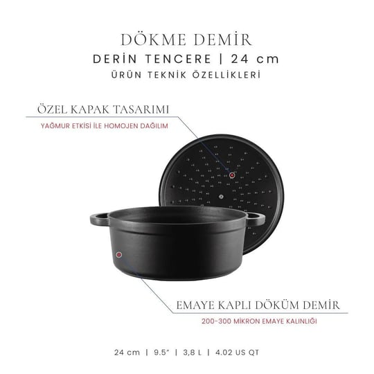 Voeux Kitchenware Elegance Siyah Derin Döküm Tencere 24 Cm