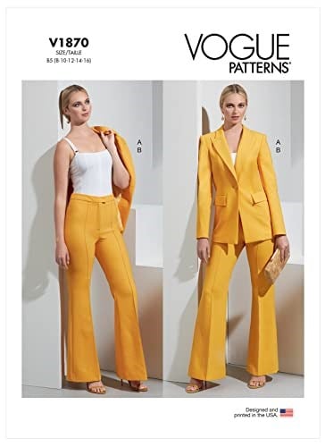 Vogue V1870Y5 dolgulu kadın ceketi ve pantolon, bacak kesim desenli set, Code V1870, çok renkli, beden 18-20-22-24-26