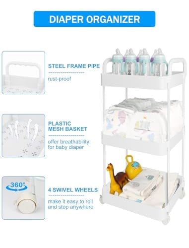 Volnamal Bebek Bezi Caddy Organizatörü, Tekerlekli 3 Katmanlı Hareketli Bebek Bezi Arabası, Yenidoğan Temelleri için Hediye, Mendil ve Bebek Bezi, Bebek Kayıt Defteri Olmalı - Plastik Beyaz