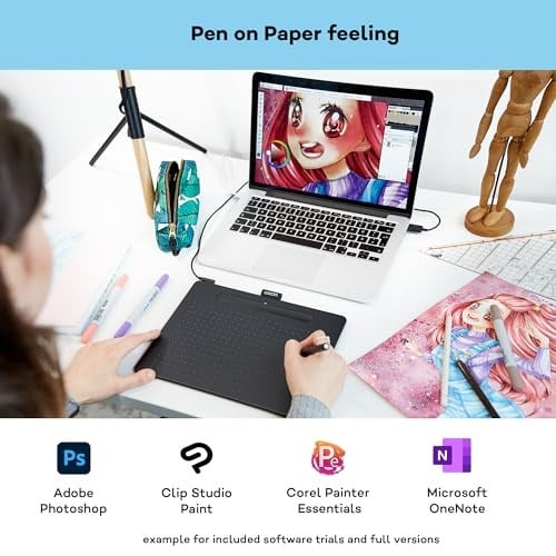 Wacom Intuos Medium çizim tableti, çizim ve fotoğraf düzenleme için tablet, basınca duyarlı kalemli, siyah, ev ofis ve e-öğrenme için ideal - Seçenekler: Small, Medium, Kablo, Kablo + Bluetooth