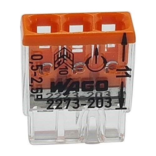 WAGO 100 Adet 2273-203 Compact Bağlantı Kutusu Kelepçesi Ø 0,5-2,5 mm², 3 kutuplu, şeffaf/turuncu