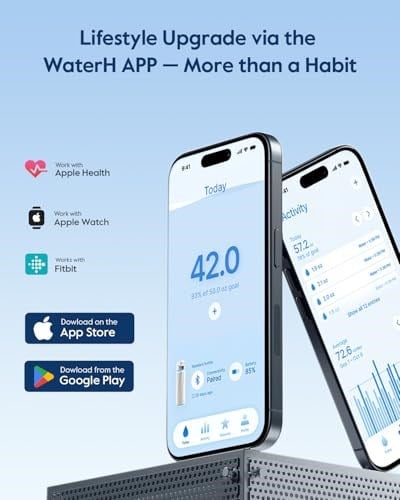 WATERH Boost Yalıtımlı Paslanmaz Çelik Akıllı Su Şişesi, 32 oz Bluetooth Akıllı İzleyici ve İçki Hatırlatma (Beyaz)