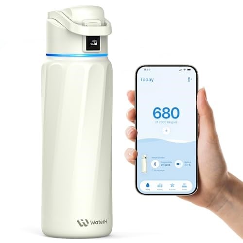 WATERH Boost Yalıtımlı Paslanmaz Çelik Akıllı Su Şişesi, 32 oz Bluetooth Akıllı İzleyici ve İçki Hatırlatma (Beyaz)