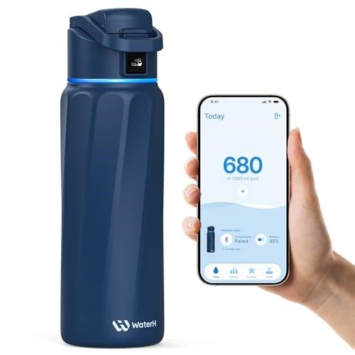 WATERH Boost Yalıtımlı Paslanmaz Çelik Akıllı Su Şişesi, 32 oz Bluetooth Akıllı İzleyici ve İçki Hatırlatma (Mavi)