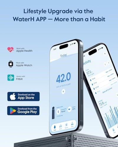 WATERH Boost Yalıtımlı Paslanmaz Çelik Akıllı Su Şişesi, 32 oz Bluetooth Akıllı İzleyici ve İçki Hatırlatma (Mavi)