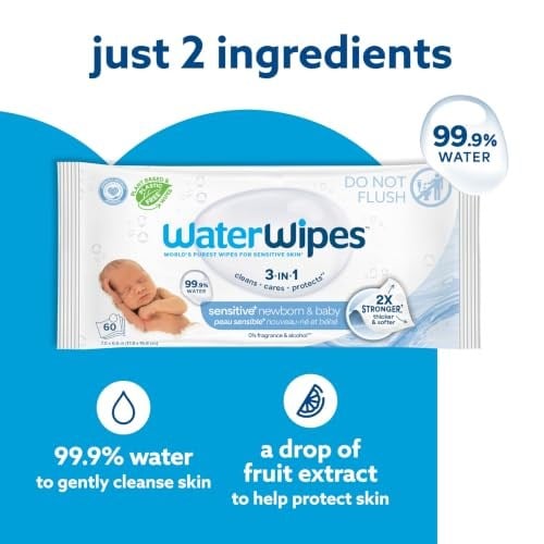 WaterWipes Biyoçözünür Orijinal Bebek Mendilleri,%99,9 Su Bazlı Mendil, Hassas Ciltler İçin Kokusuz ve Hipoalerjenik, 60 Adet (12li Paket) - Ambalaj Değişebilir