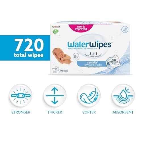 WaterWipes Yeni Doğan & Hassas Ciltler için 720 Yaprak Bebek Islak Mendili (12 x 60 Adet), Bitki Tabanlı