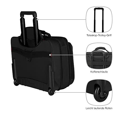WENGER Granada Trolley dizüstü bilgisayar çantası, 15,6 inçe kadar dizüstü bilgisayar, tekerlekli evrak çantası, düzenleyici, 29 l, kadın, erkek, ofis, iş, seyahat, üniversite, siyah, 600659, Siyah,