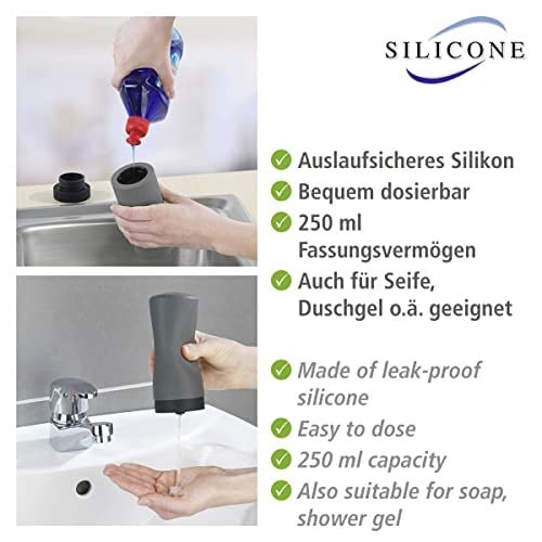 WENKO Easy Squeez-e bulaşık deterjanı dispenseri, mutfakta bulaşık deterjanı için, kolay dozaj, sızdırmaz silikondan sabunluk, kapasite 250 ml, çap 6 x 14 cm, gri
