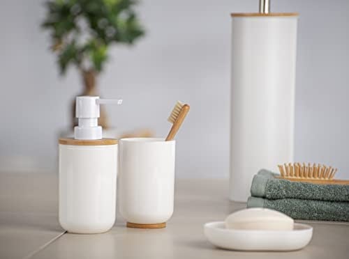 WENKO Posa sabunluk, sıvı sabun, losyon veya deterjan için doldurulabilir pompalı dağıtıcı, sürdürülebilir bambu desenli beyaz plastik, (G x Y x D): 7 x 16,5 x 8 cm, kapasite yaklaşık 330 ml
