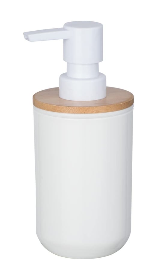 WENKO Posa sabunluk, sıvı sabun, losyon veya deterjan için doldurulabilir pompalı dağıtıcı, sürdürülebilir bambu desenli beyaz plastik, (G x Y x D): 7 x 16,5 x 8 cm, kapasite yaklaşık 330 ml